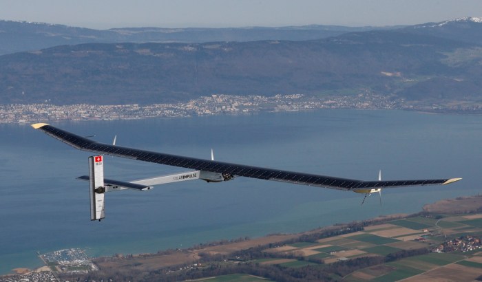 Solar Impulse HB-SIA prototype airplane attends his first flight over Payerne