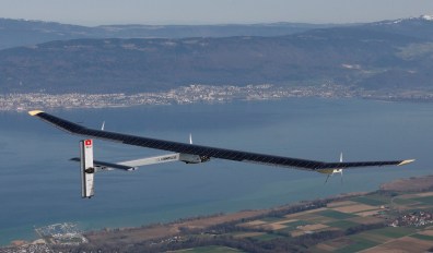 Solar Impulse HB-SIA prototype airplane attends his first flight over Payerne