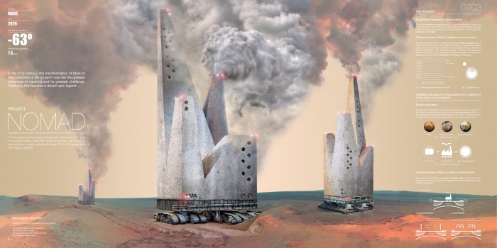 Project Nomad, a concept for the 2013 Skyscraper Competition that involved mobile factory-skyscrapers terraforming Mars. Credit: evolo.com/A.A. Sainz/J.R. Nuñez/K.T. Rial